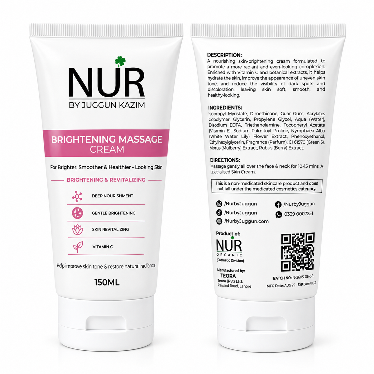 Nur by Juggun Brightening Massage Cream 150ml with Vitamin C and botanical extracts for brighter smoother skin
