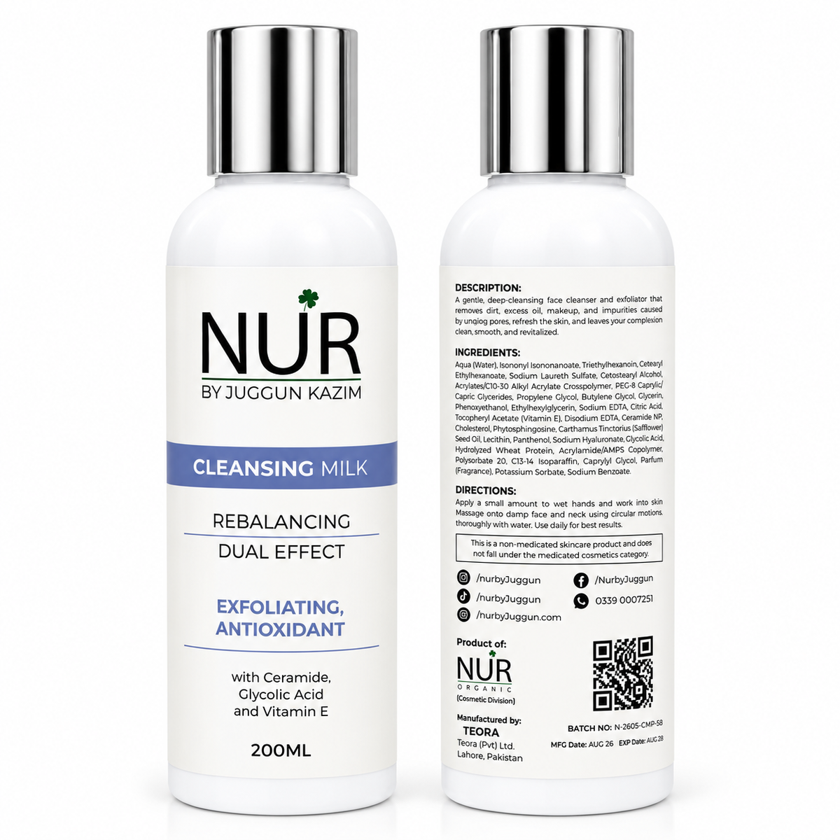 Nur by Juggun Cleansing Milk 200ml with Ceramide Glycolic Acid and Vitamin E gentle exfoliating cleanser