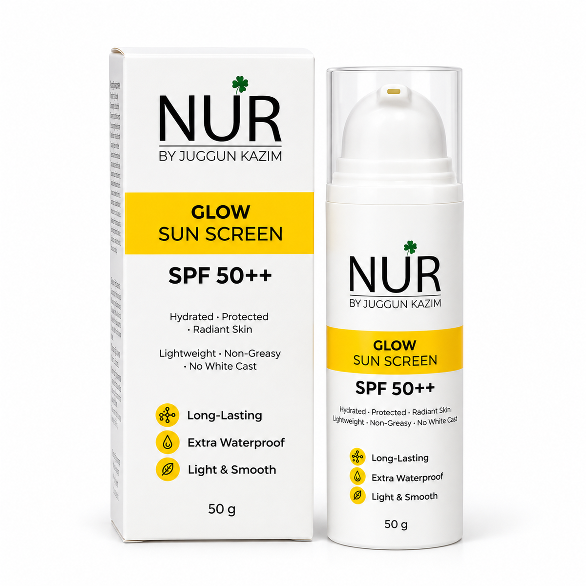 Nur by Juggun Glow Sunscreen SPF 50++ 50g lightweight non greasy sun protection with no white cast